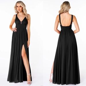 Azazie Belize A-Line Pleated Mesh Floor-Length Dress black